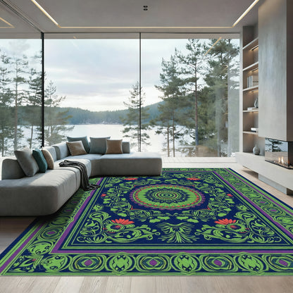 Deep Indigo Green Floral Medallion Rug