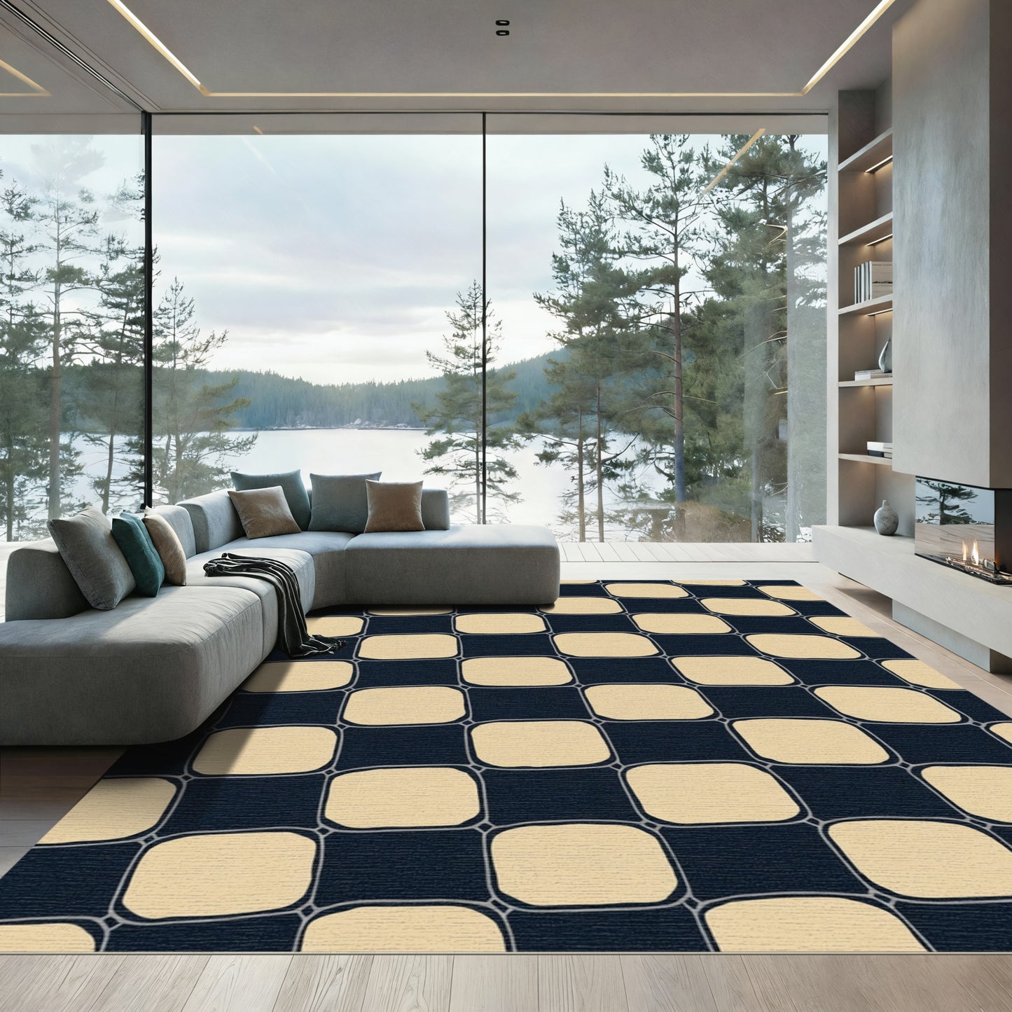 Navy Cream Checked Grid Design Rug