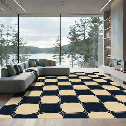 Navy Cream Checked Grid Design Rug