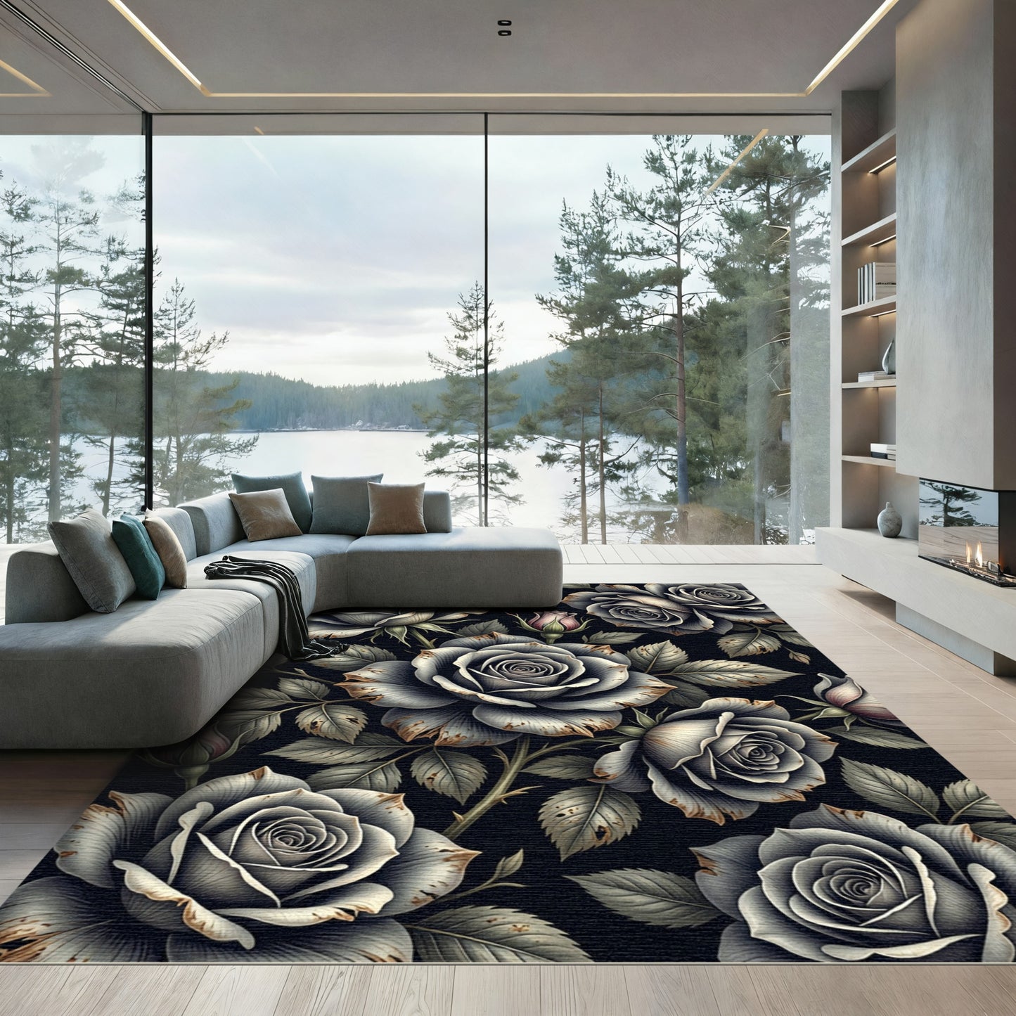 Monochromatic Roses Dark Floral Wallpaper Rug