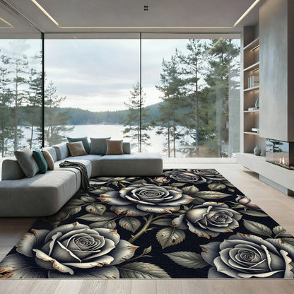 Monochromatic Roses Dark Floral Wallpaper Rug