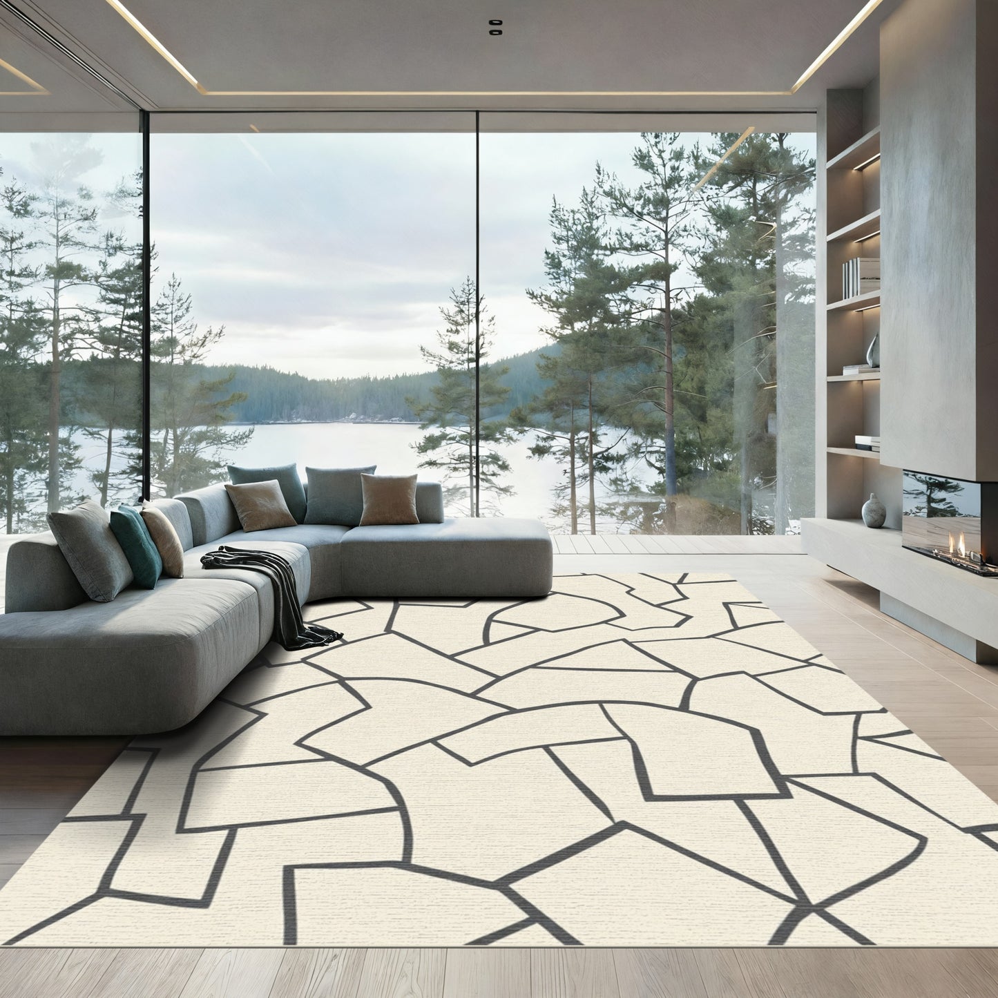 Abstract Cream and Charcoal Irregular Shapes Rug