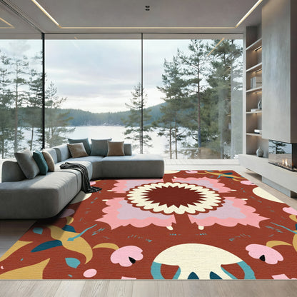 Whimsical Terracotta Floral Medallion Rug