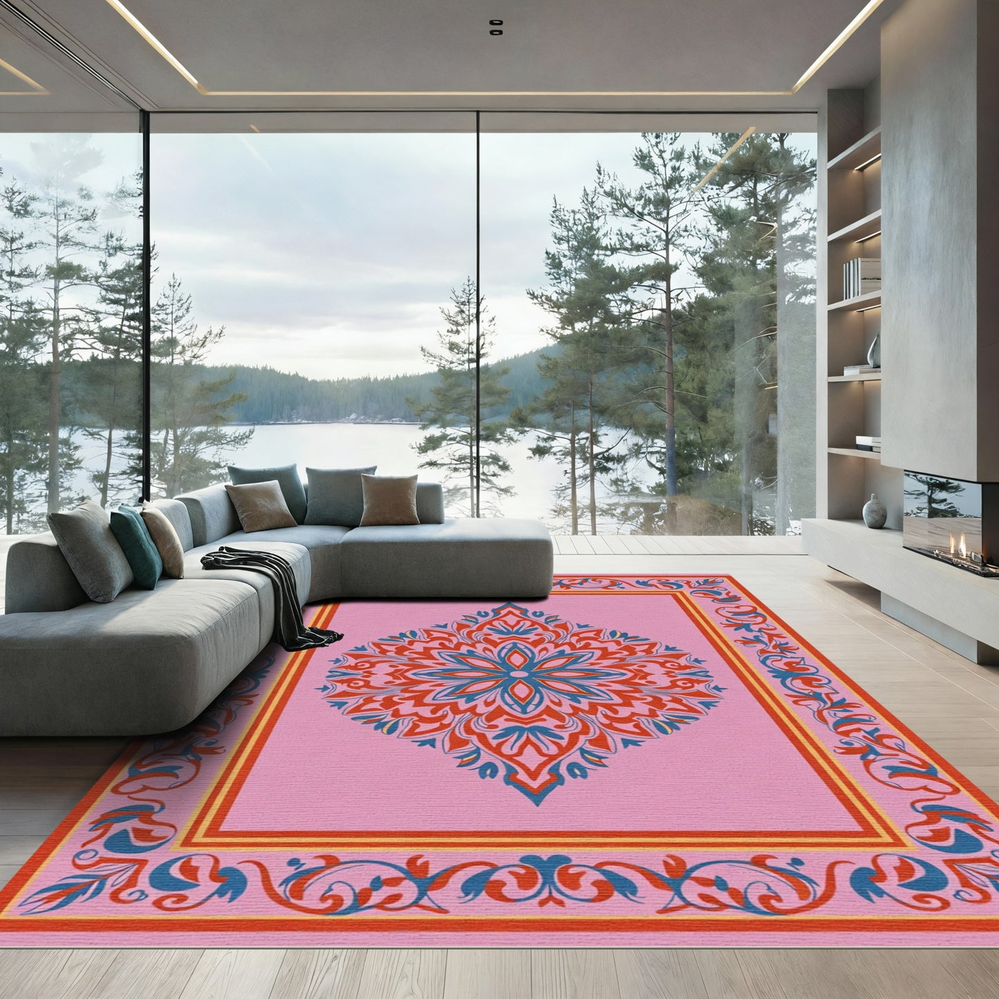 Pink Crimson Blue Floral Medallion Border Rug
