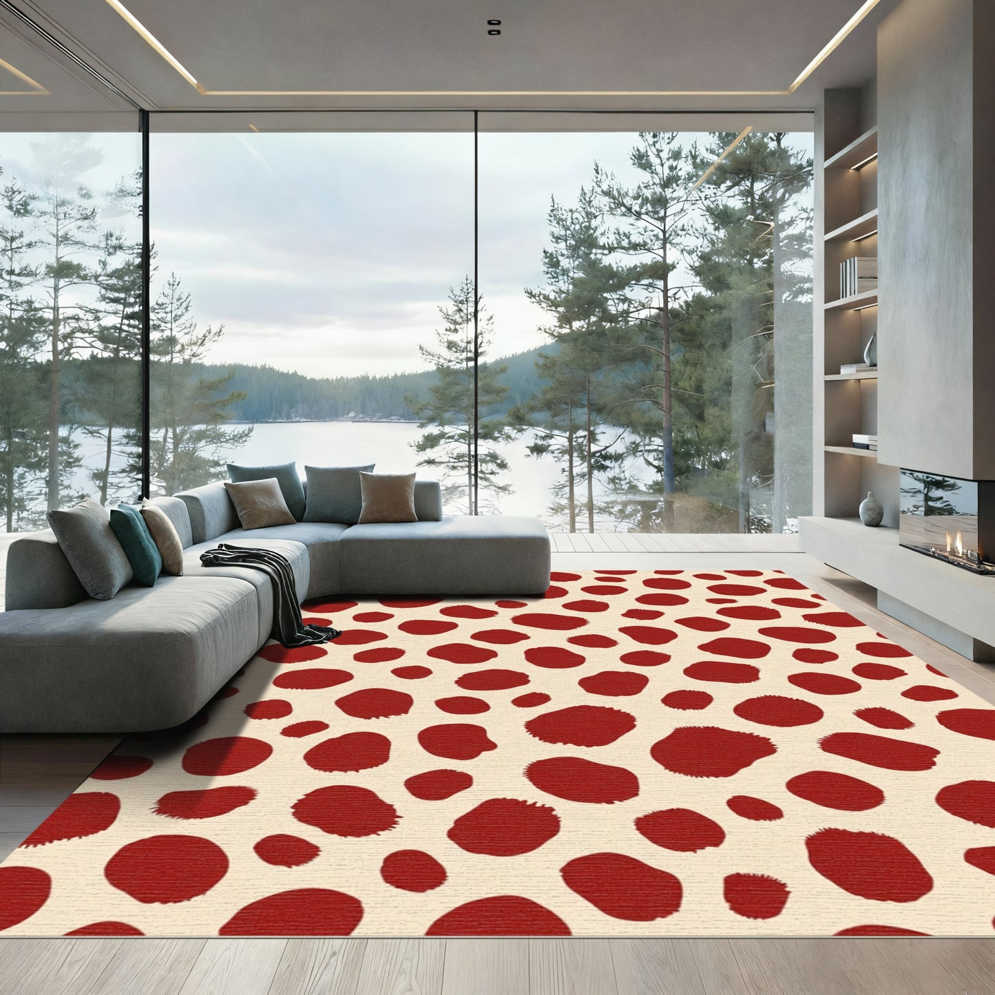 Deep Red Spotted Cream Abstract Rug