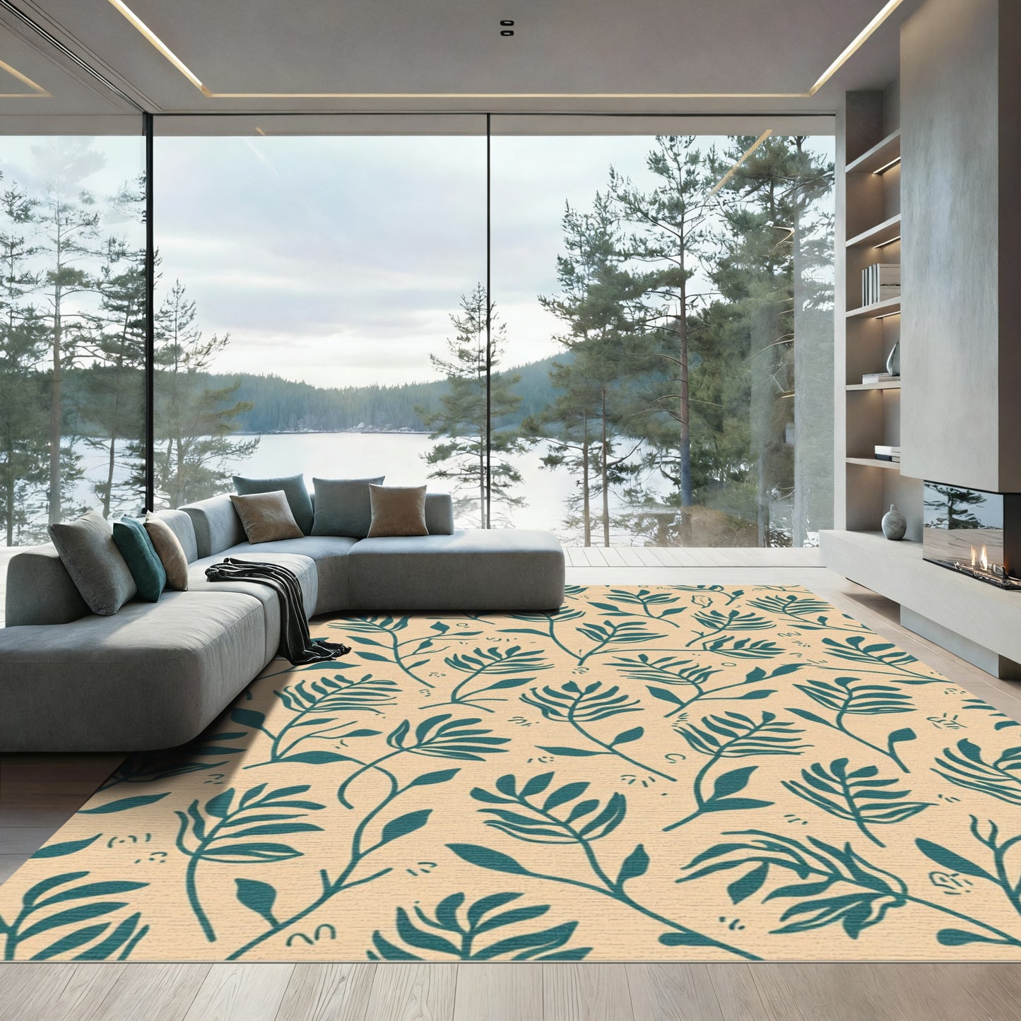 Teal Leafy Branch Pattern on Beige Rug