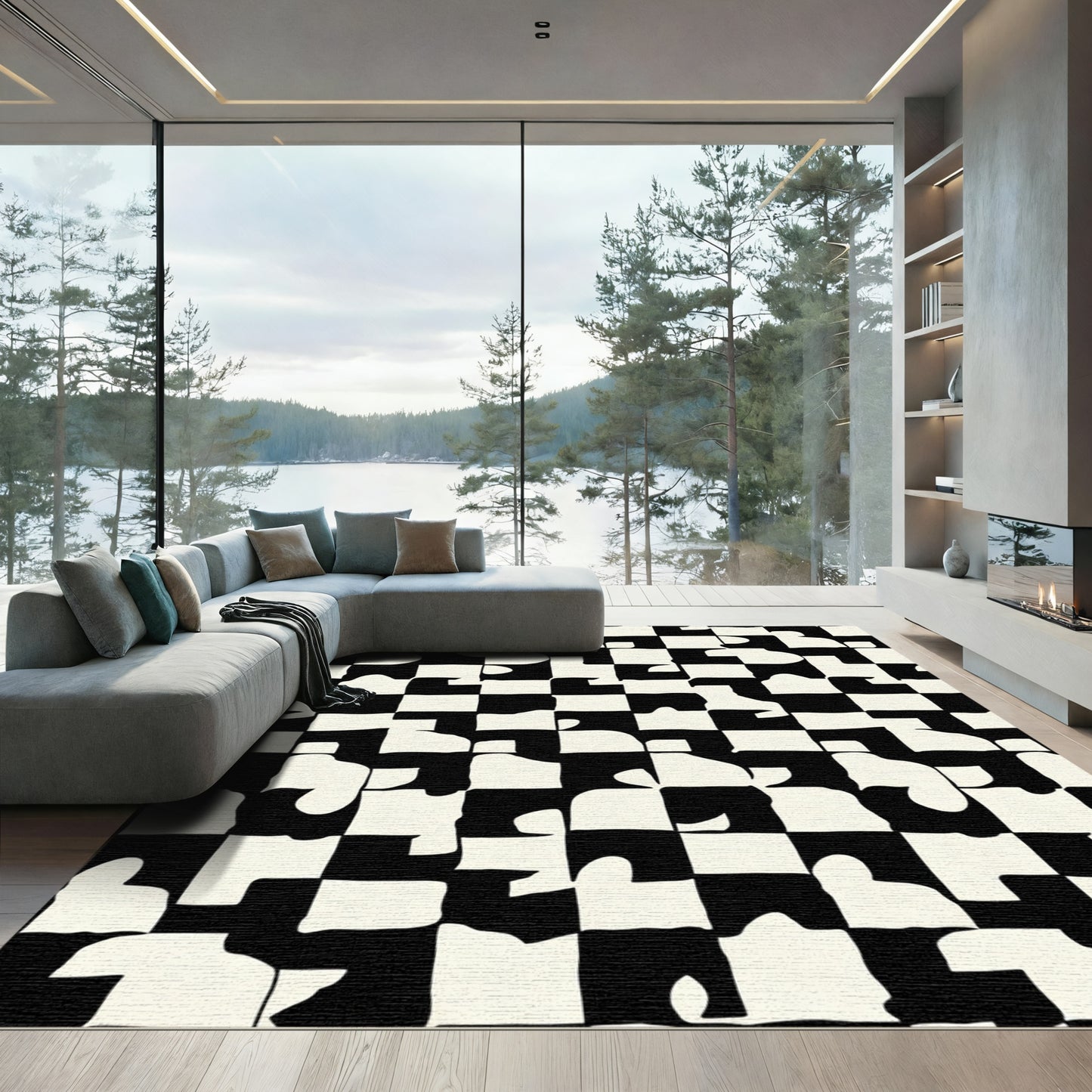 Abstract Black Cream Jigsaw Grid Rug