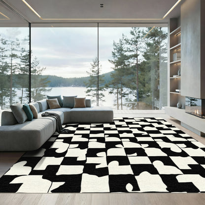 Abstract Black Cream Jigsaw Grid Rug