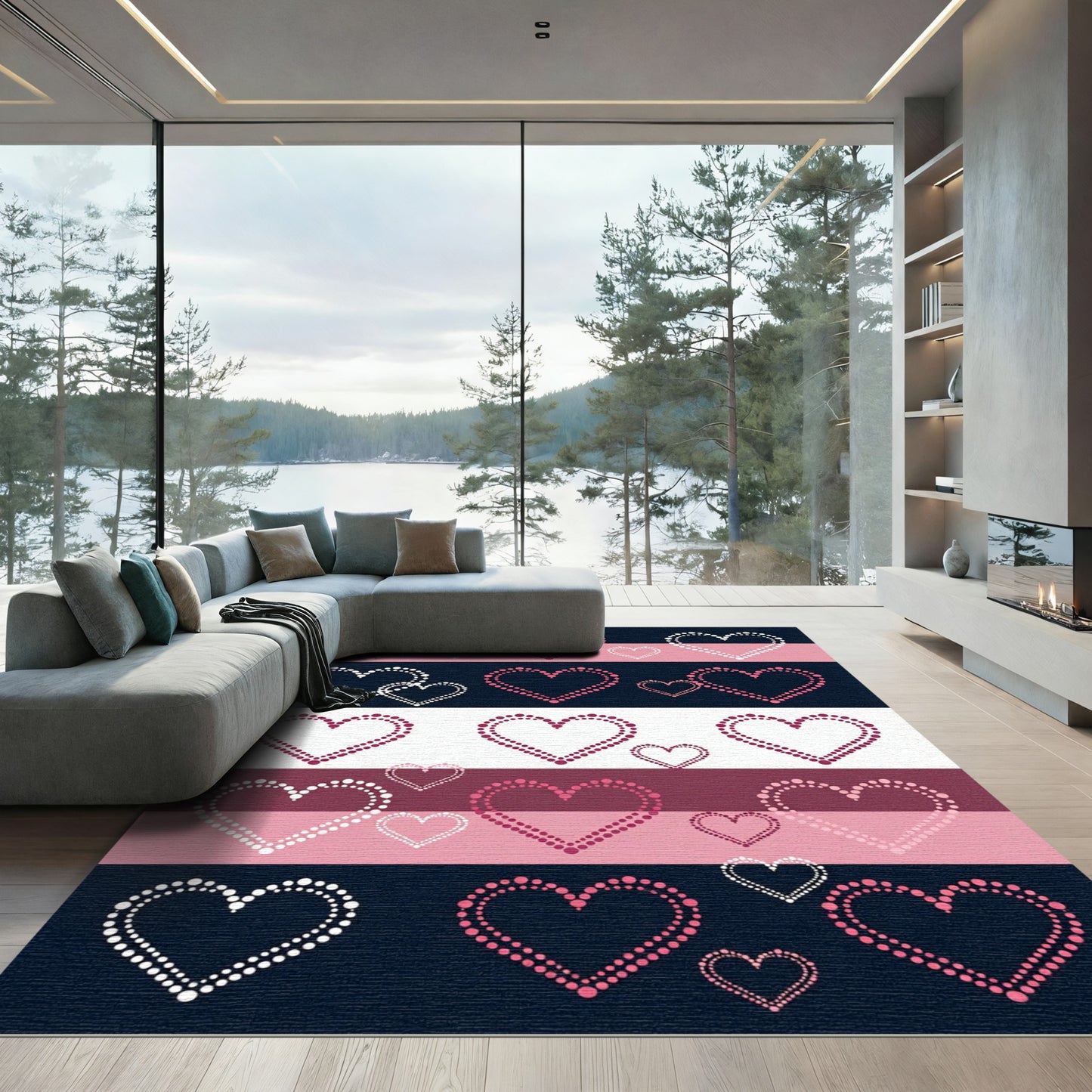 Pink White Heart Dots Stripe Rug