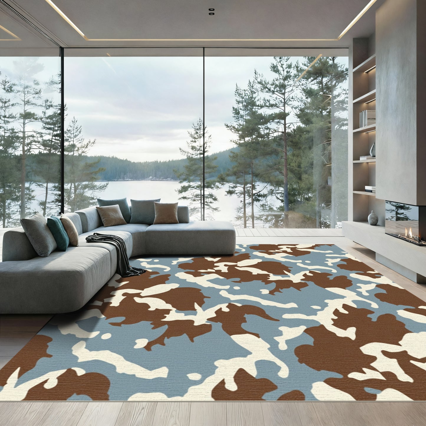 Brown Tan Light Blue Camouflage Rug