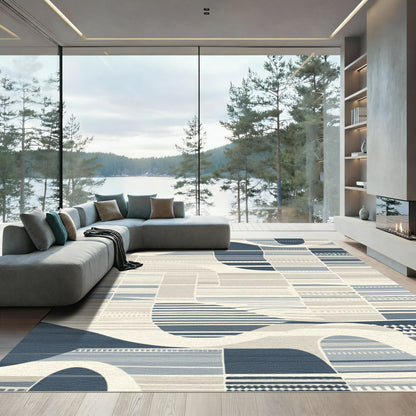 Abstract Blue Beige Wavy Stripped Rug