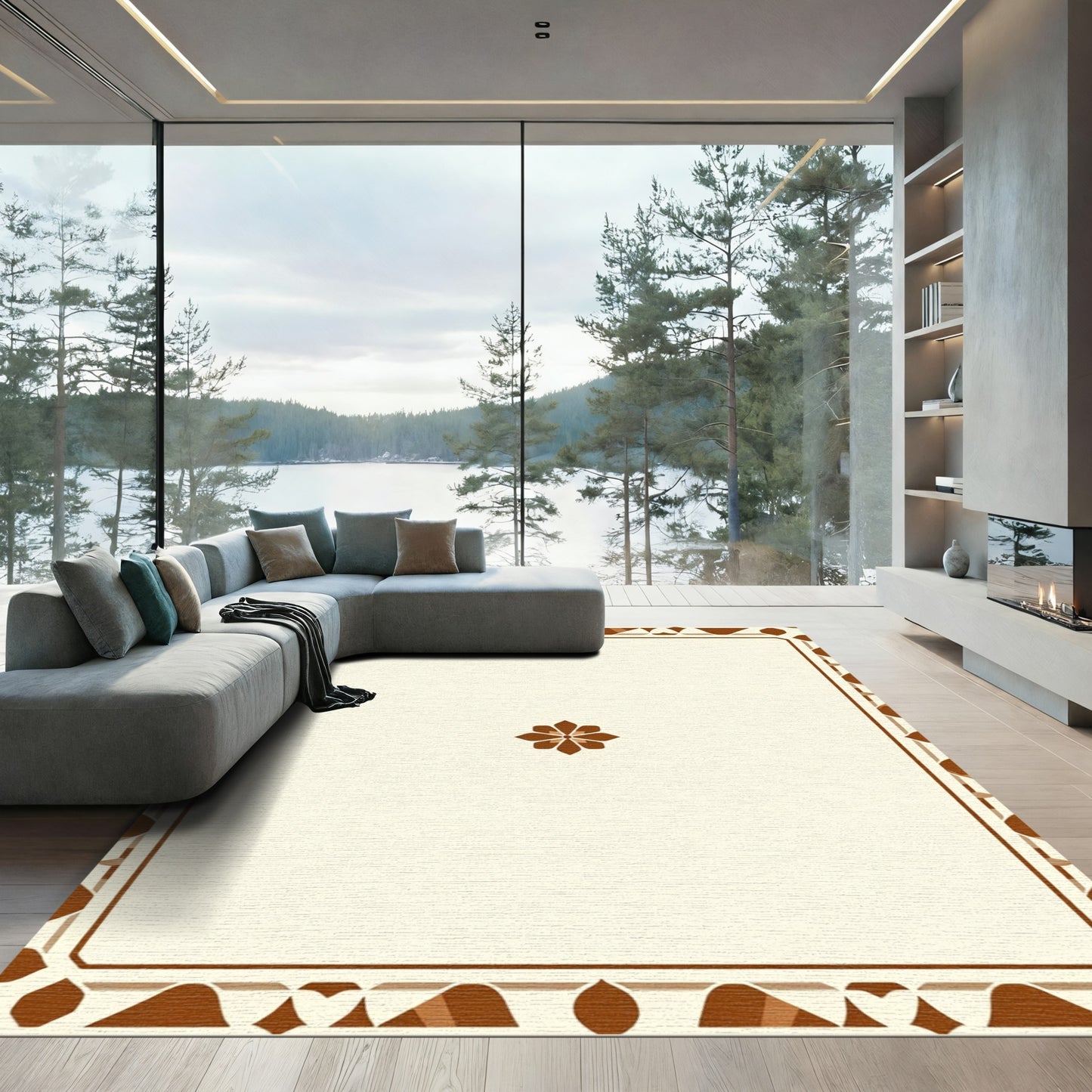 Brown Floral Medallion Bordered Frame Rug