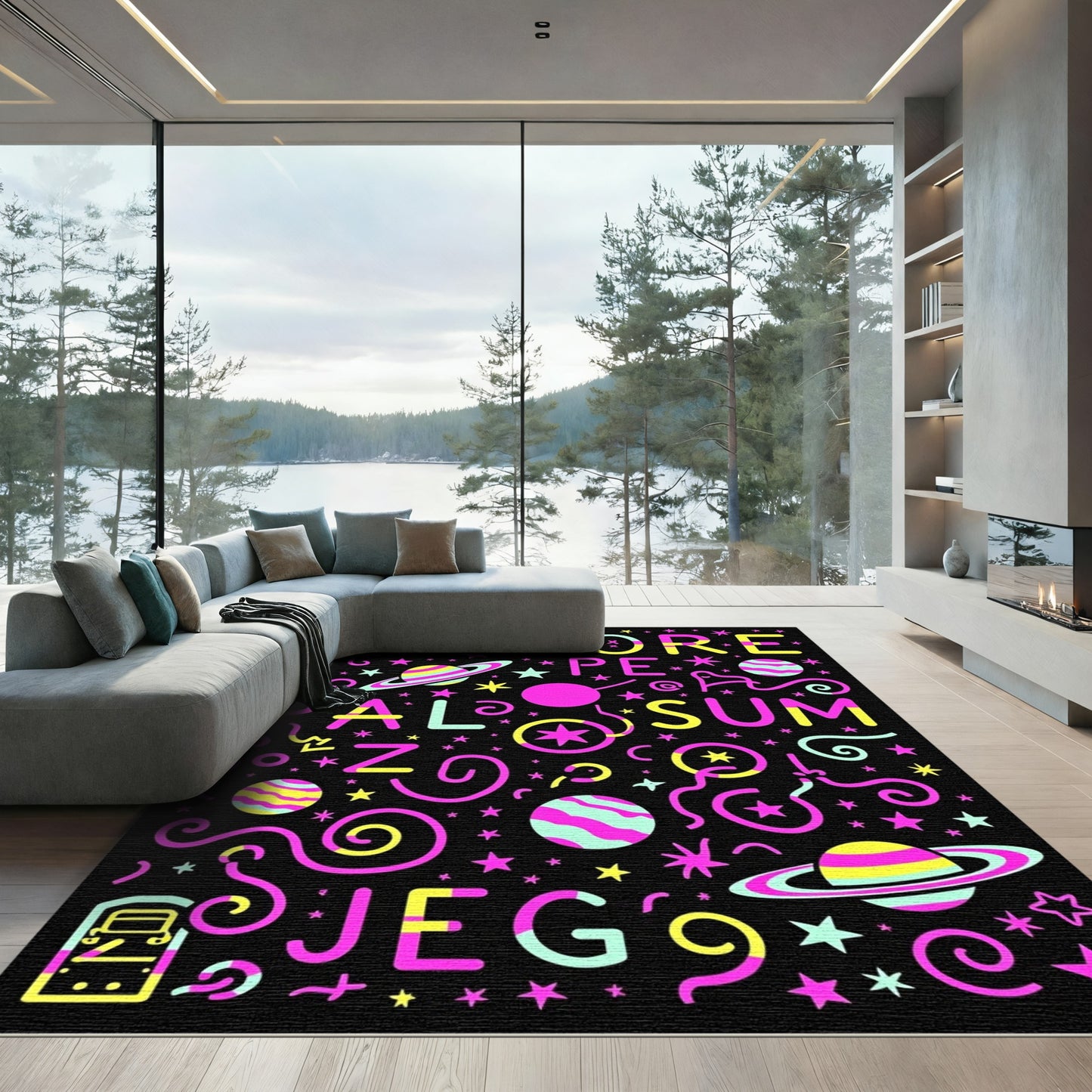 Cosmic Retro Alphabet Planet Swirl Rug