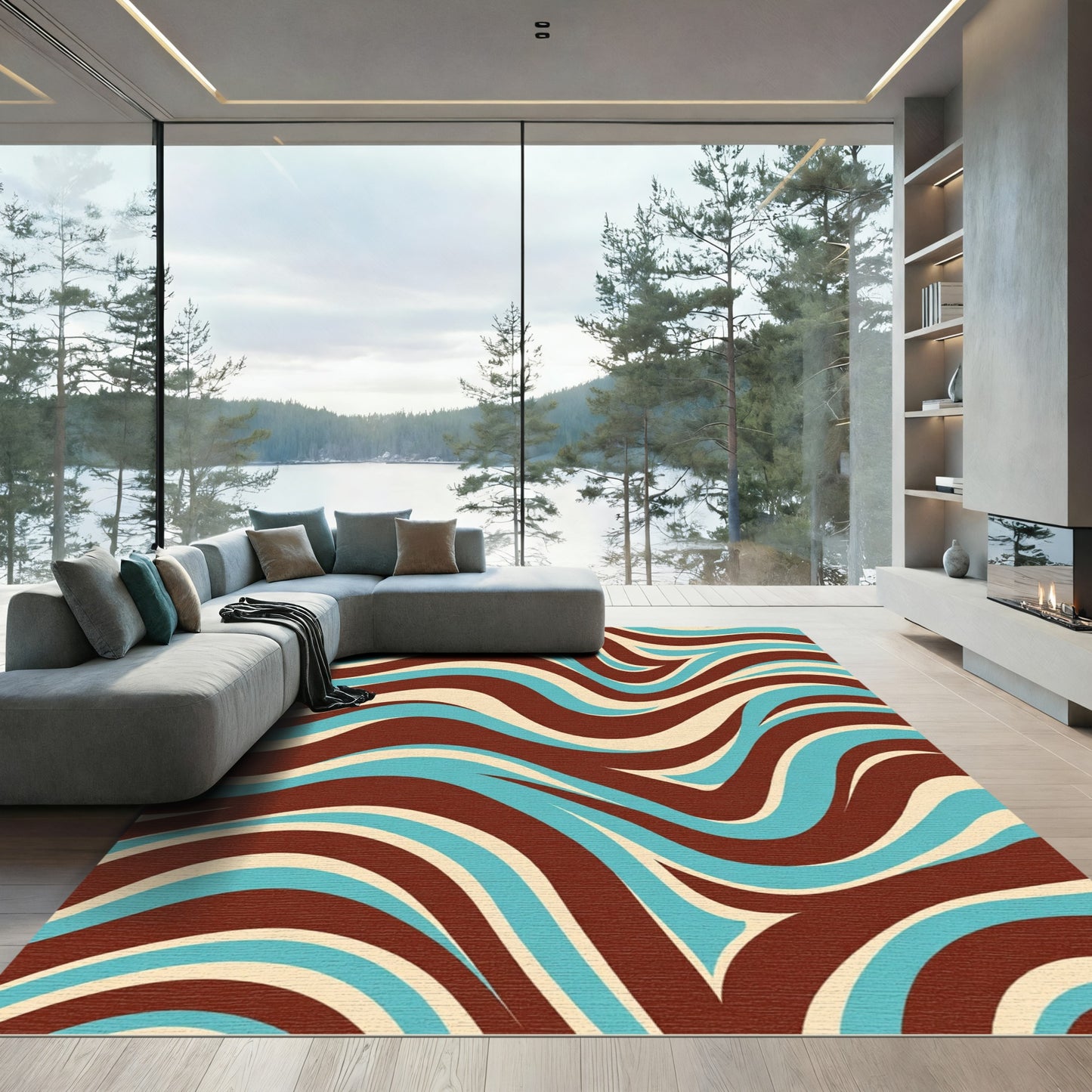 Retro Brown Teal Cream Swirl Rug