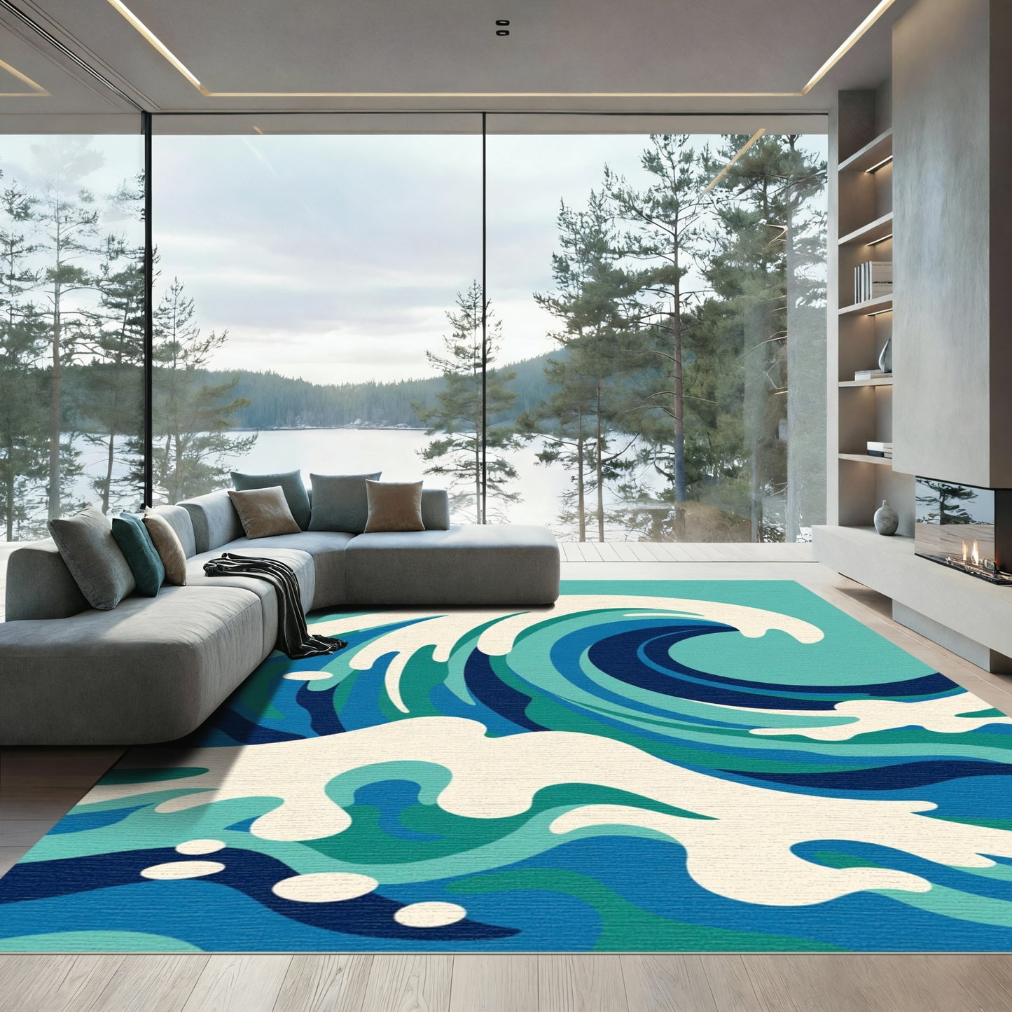 Dynamic Blue Green Ocean Waves Rug