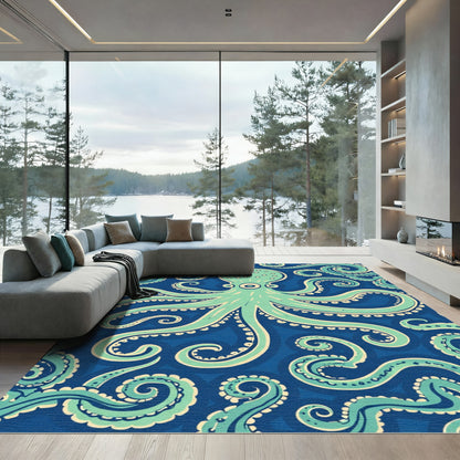 Teal Octopus Swirls Navy Background Rug