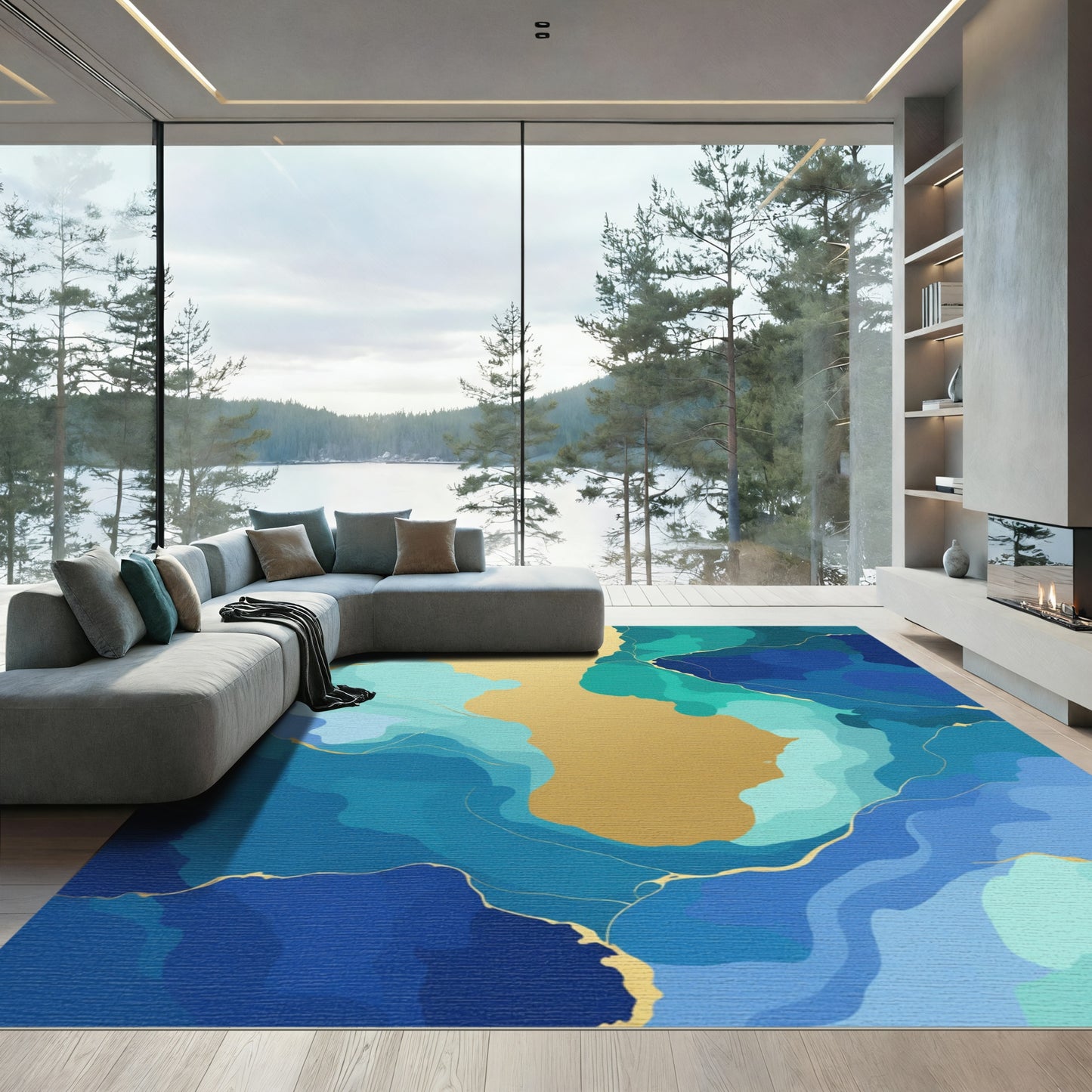 Blue Green Gold Fluid Marble Rug