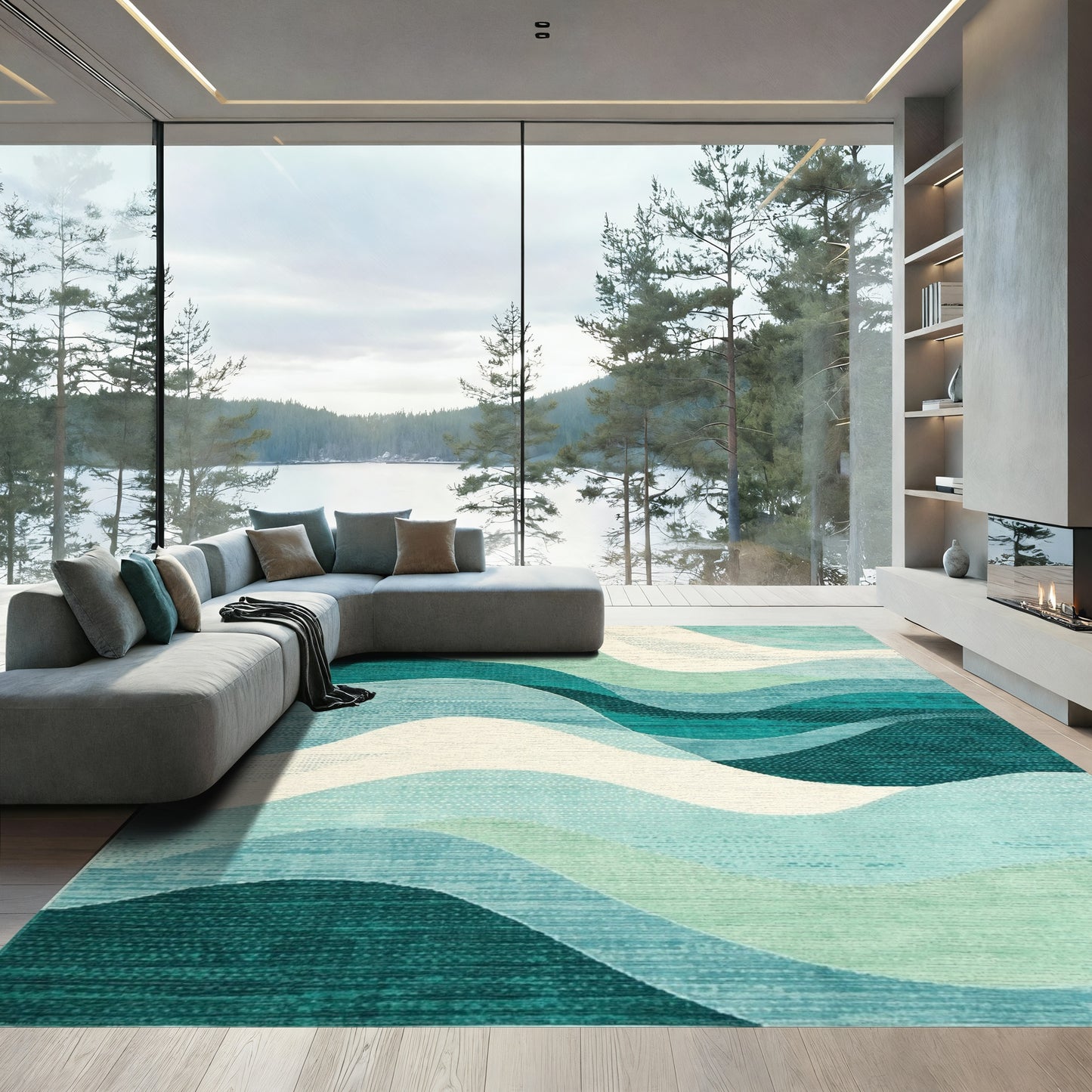 Teal Layered Waves Rug
