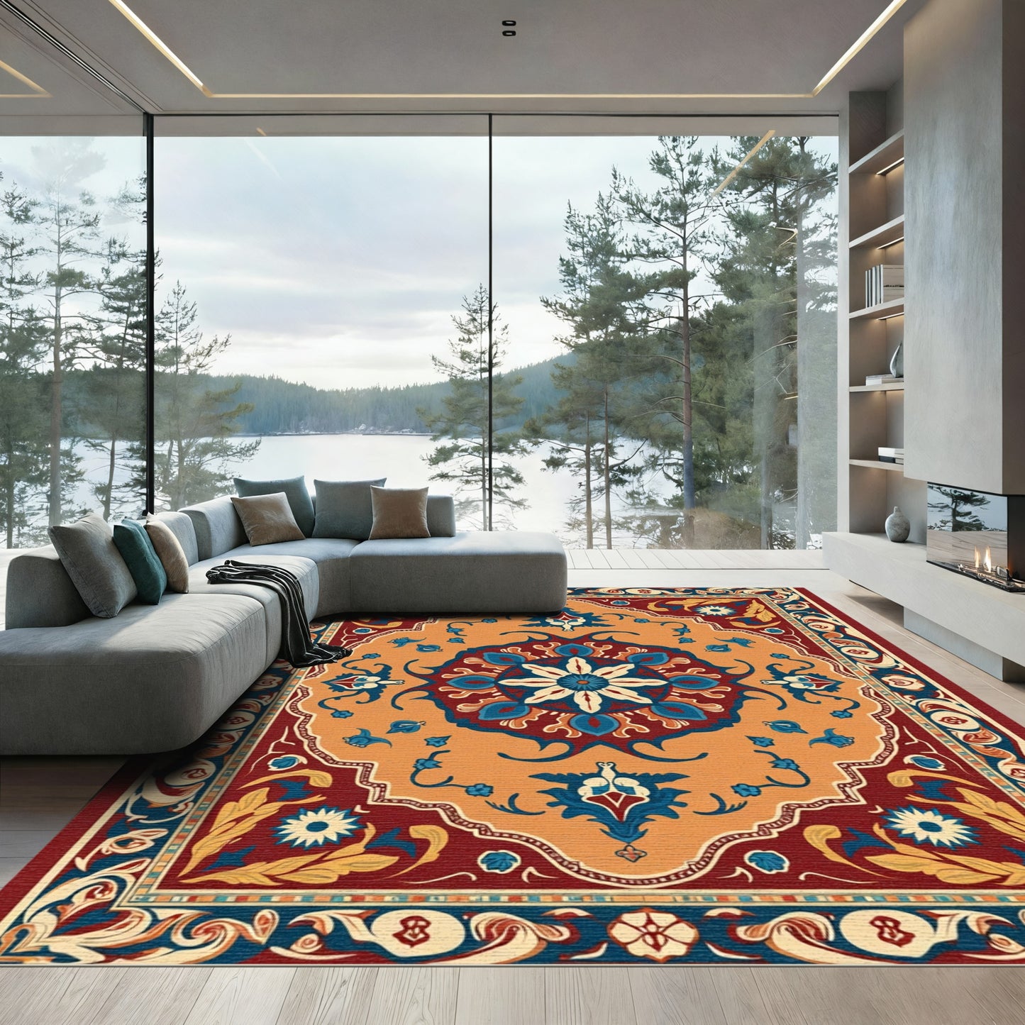 Deep Red Blue Orange Floral Medallion Rug