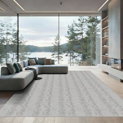Subtle Gray Vertical Leafy Stripe Rug