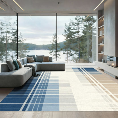 Modern Blue Tan Geometric Stripe Rug