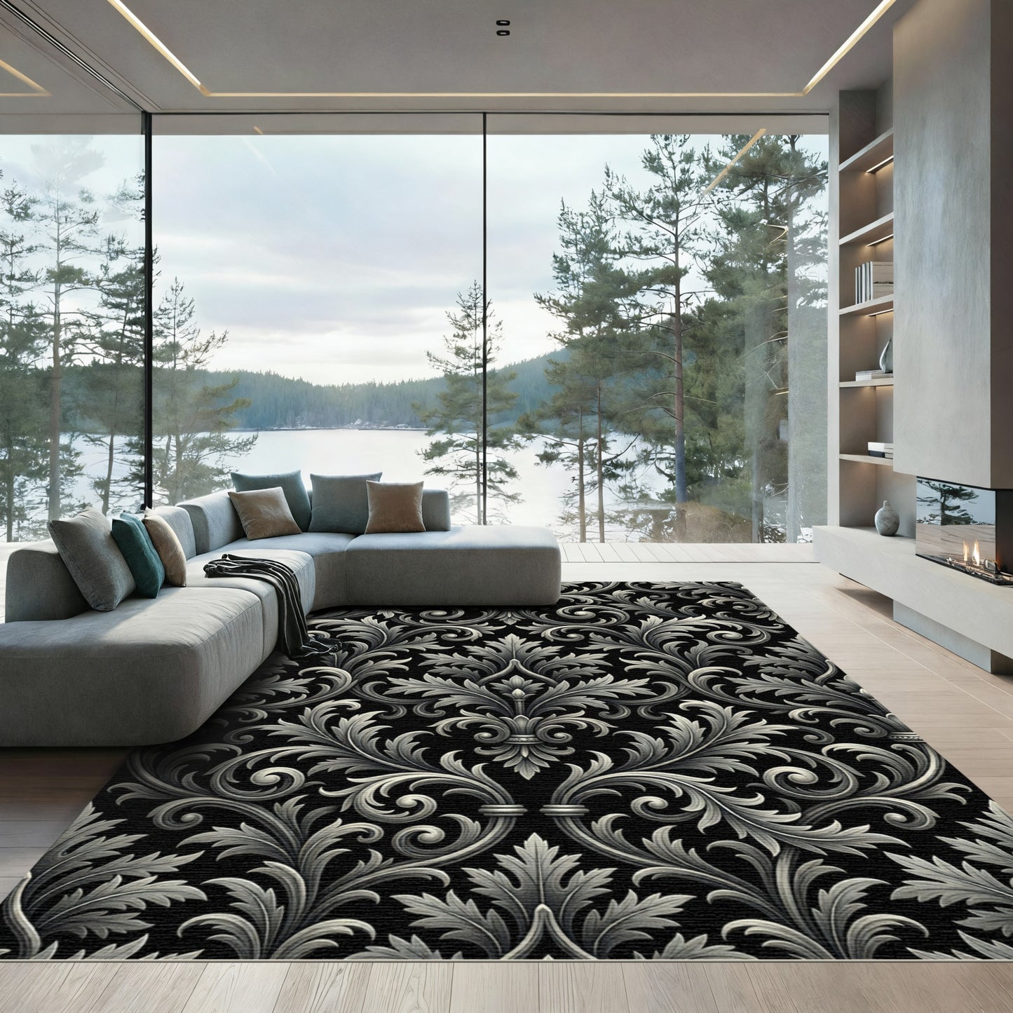Ornate Silver Acanthus Swirl Rug