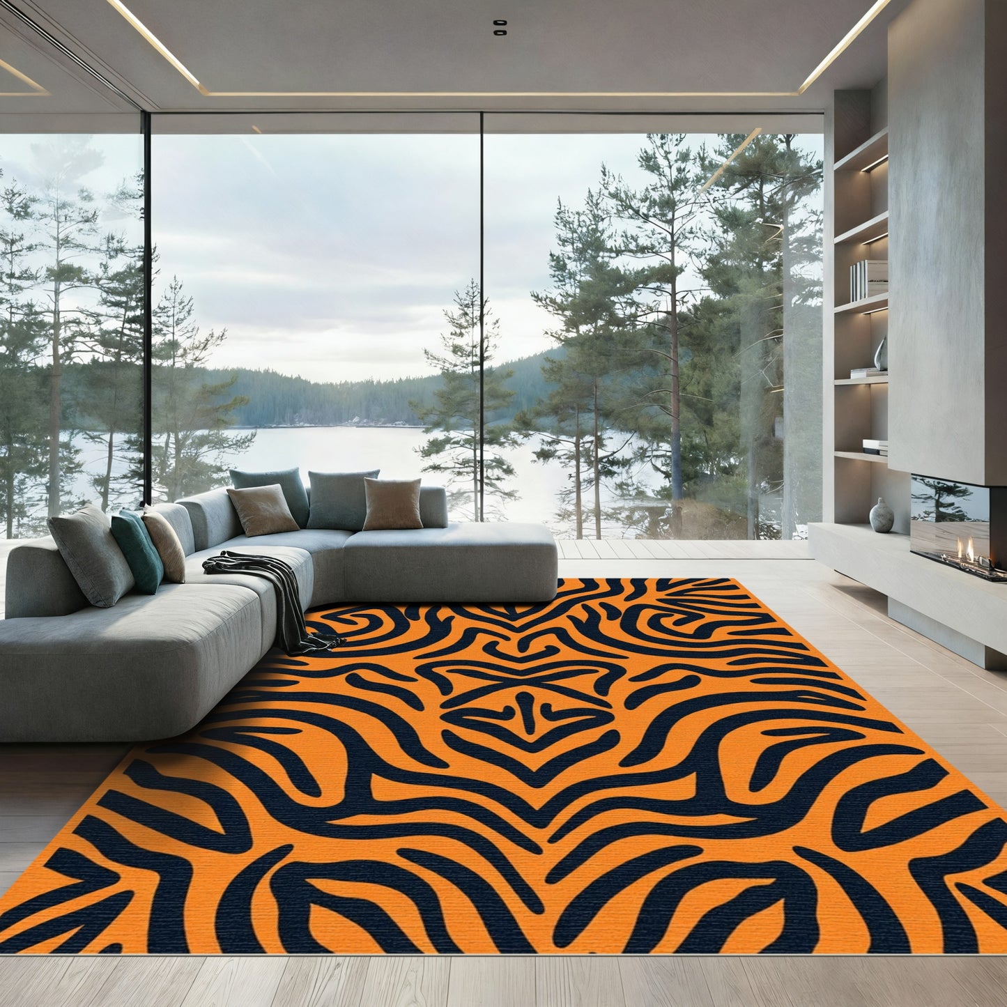 Bold Orange Black Abstract Swirls Rug
