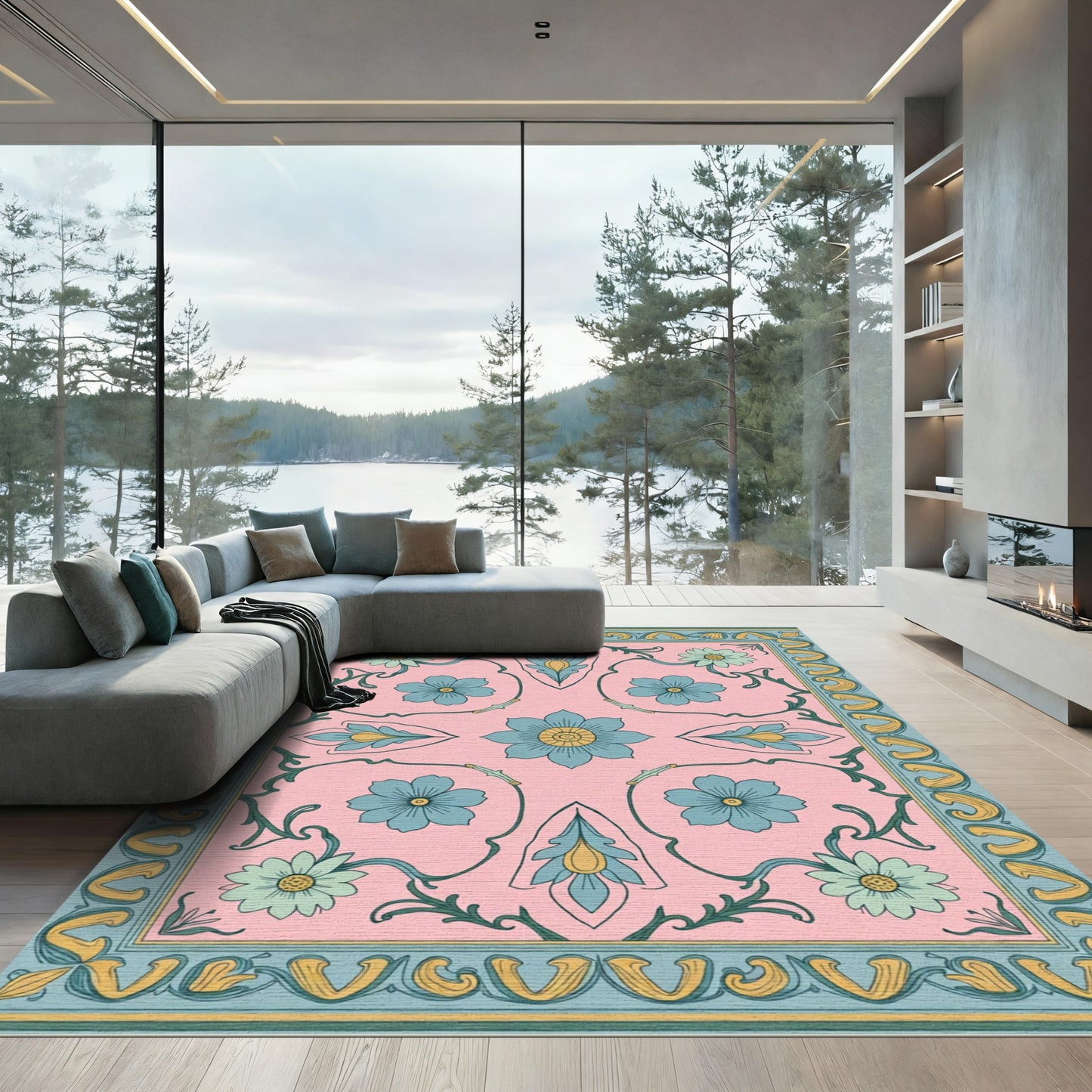 Pink Blue Floral Art Nouveau Border Rug
