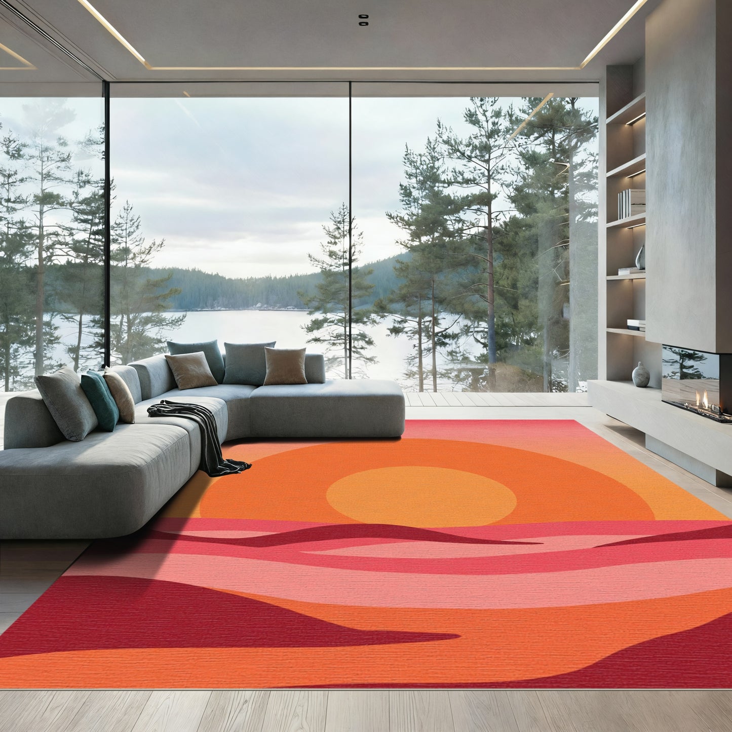 Crimson Desert Sun Landscape Waves Rug