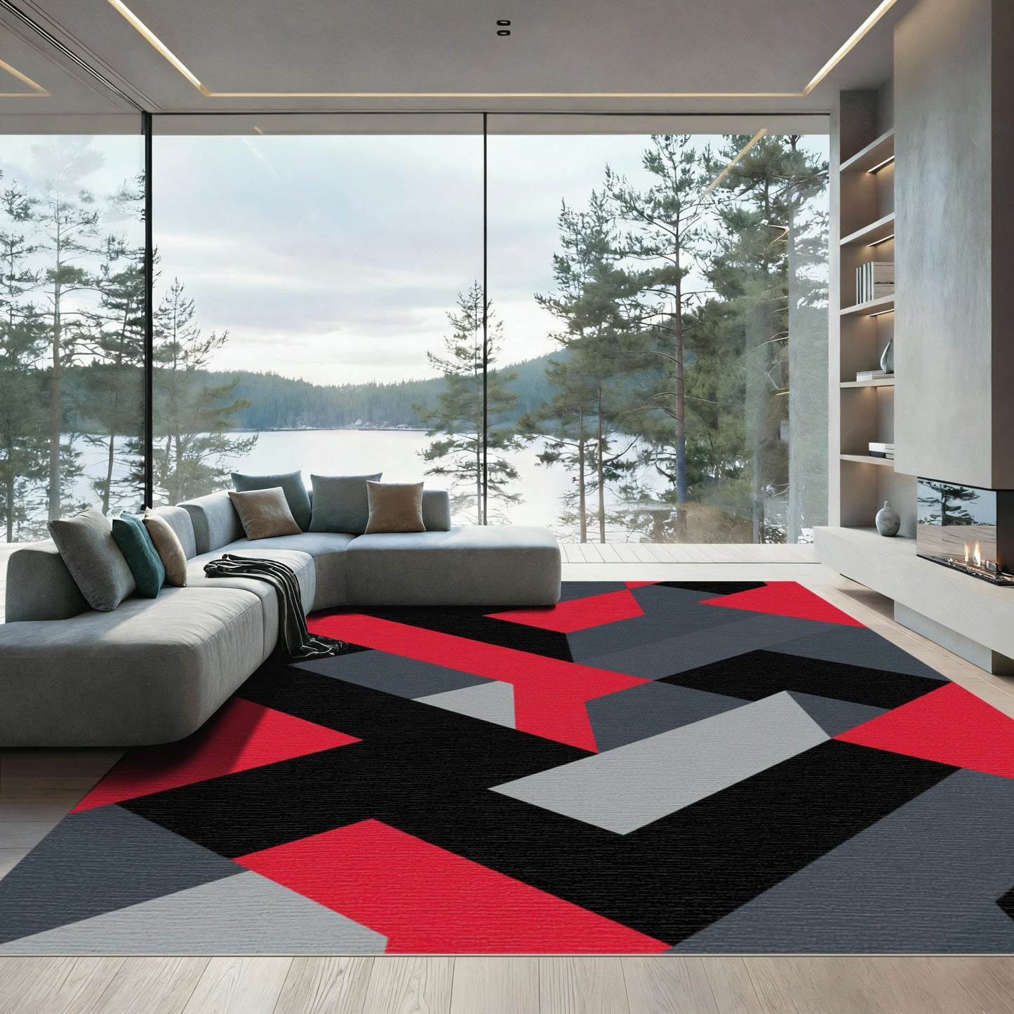 Bold Red Black Gray Geometric Interlock Rug
