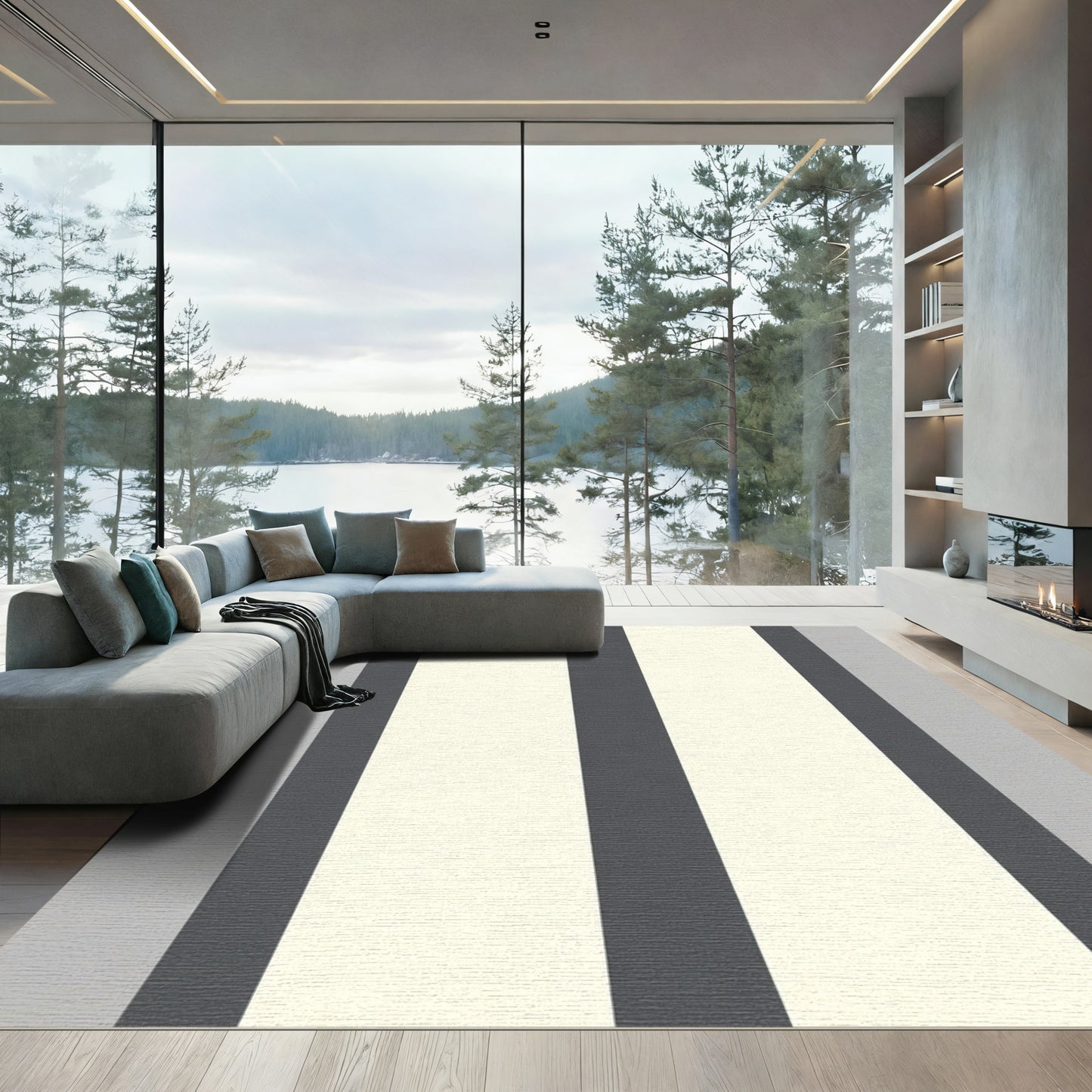 Bold Cream Charcoal Vertical Stripe Rug