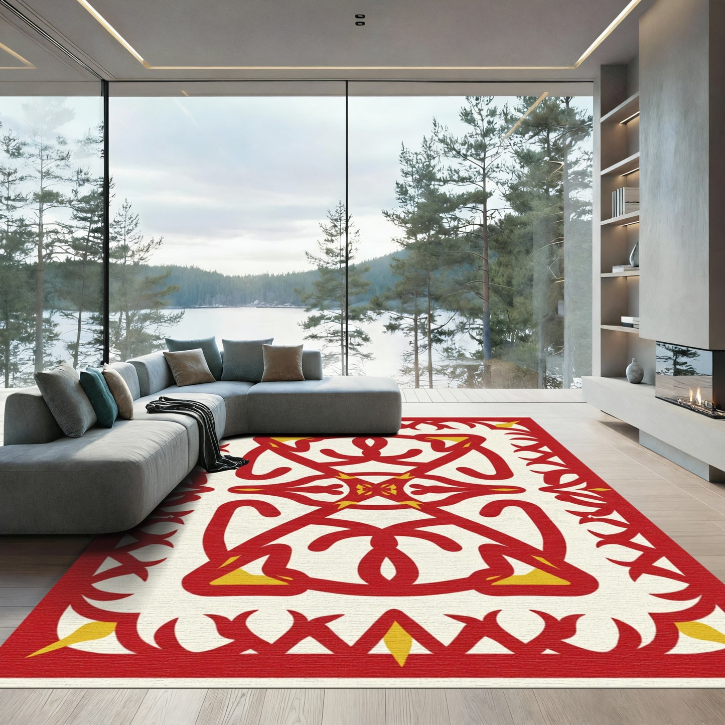 Crimson Gold Edged Symmetry Rug