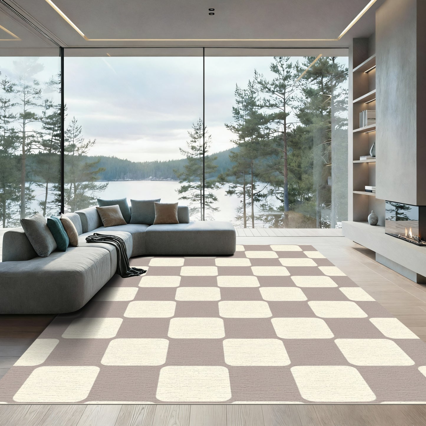 Soft Taupe and Cream Rounded Squares Rug