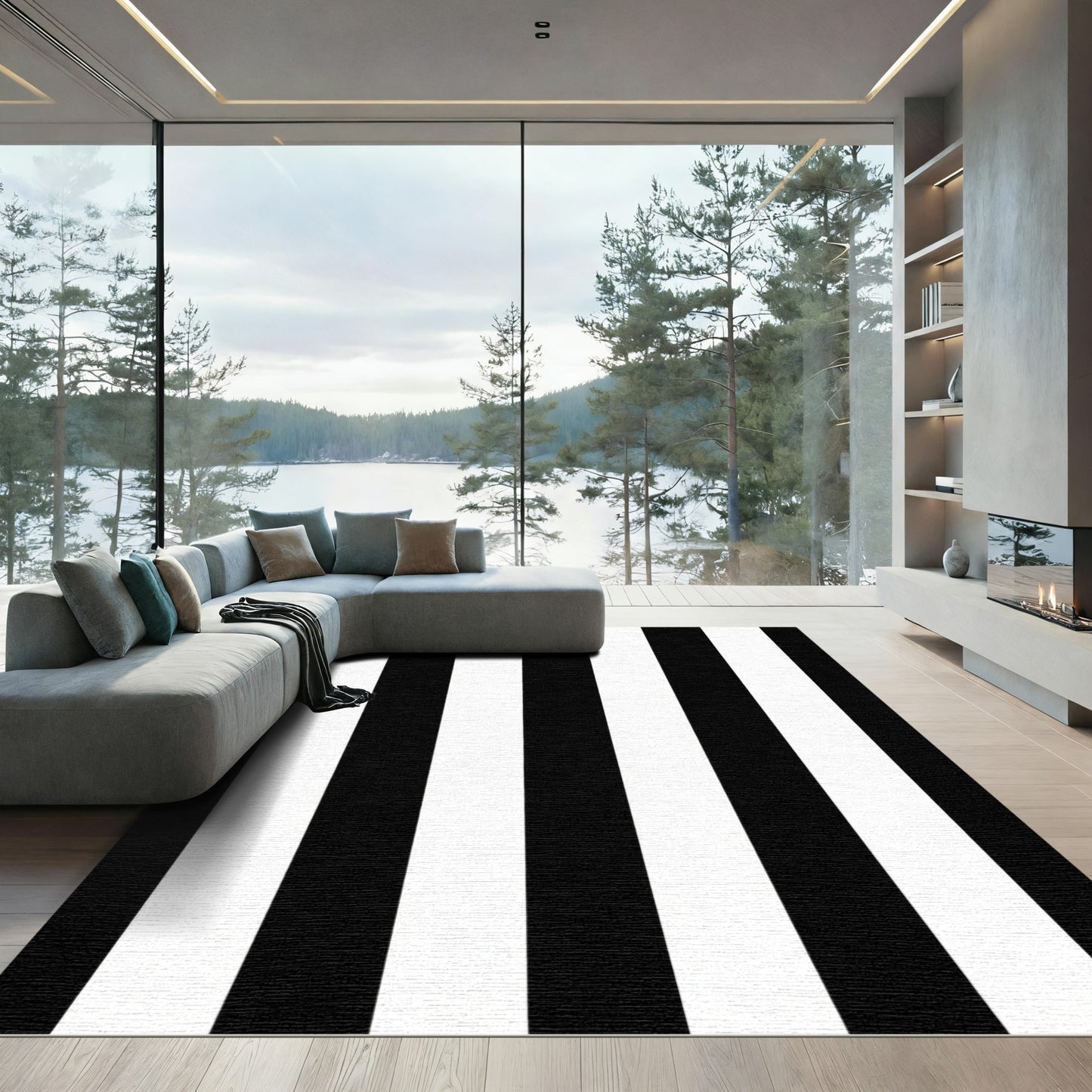 Bold Black White Vertical Stripes Rug