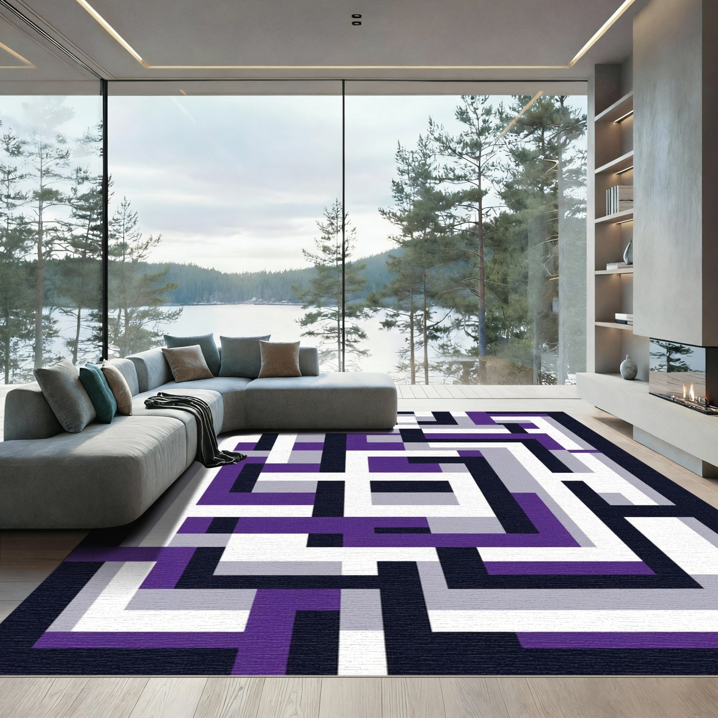 Modern Purple Geometric Maze Rug