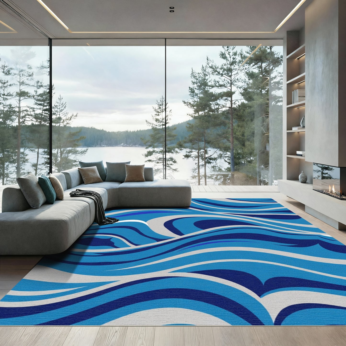 Deep Blue Swirling Wave Composition Rug