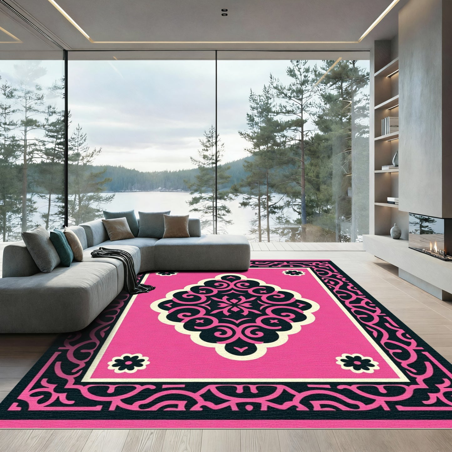 Radiant Pink Scrollwork Bloom Rug