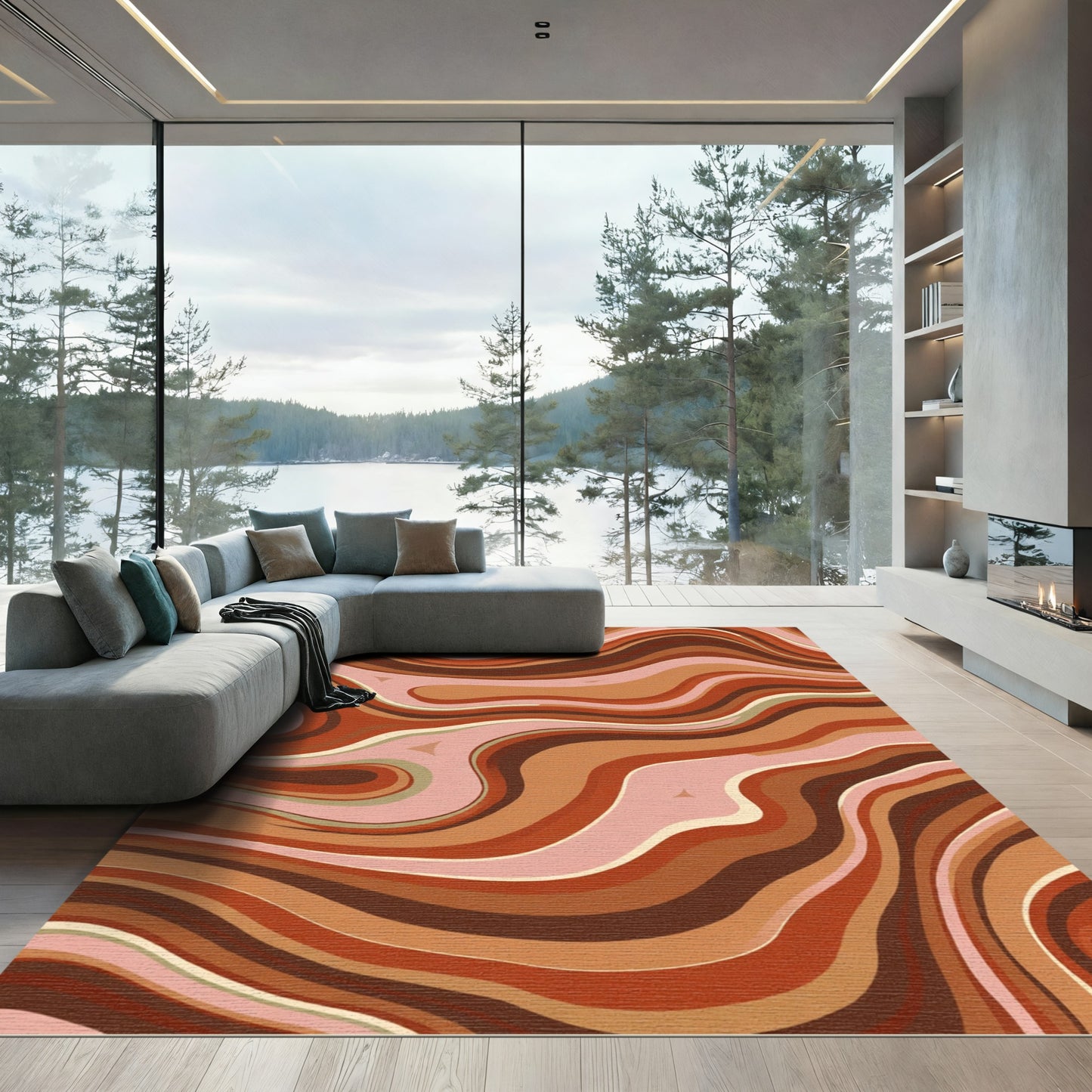 Earthy Streaked Marble Abstract Waves Rug