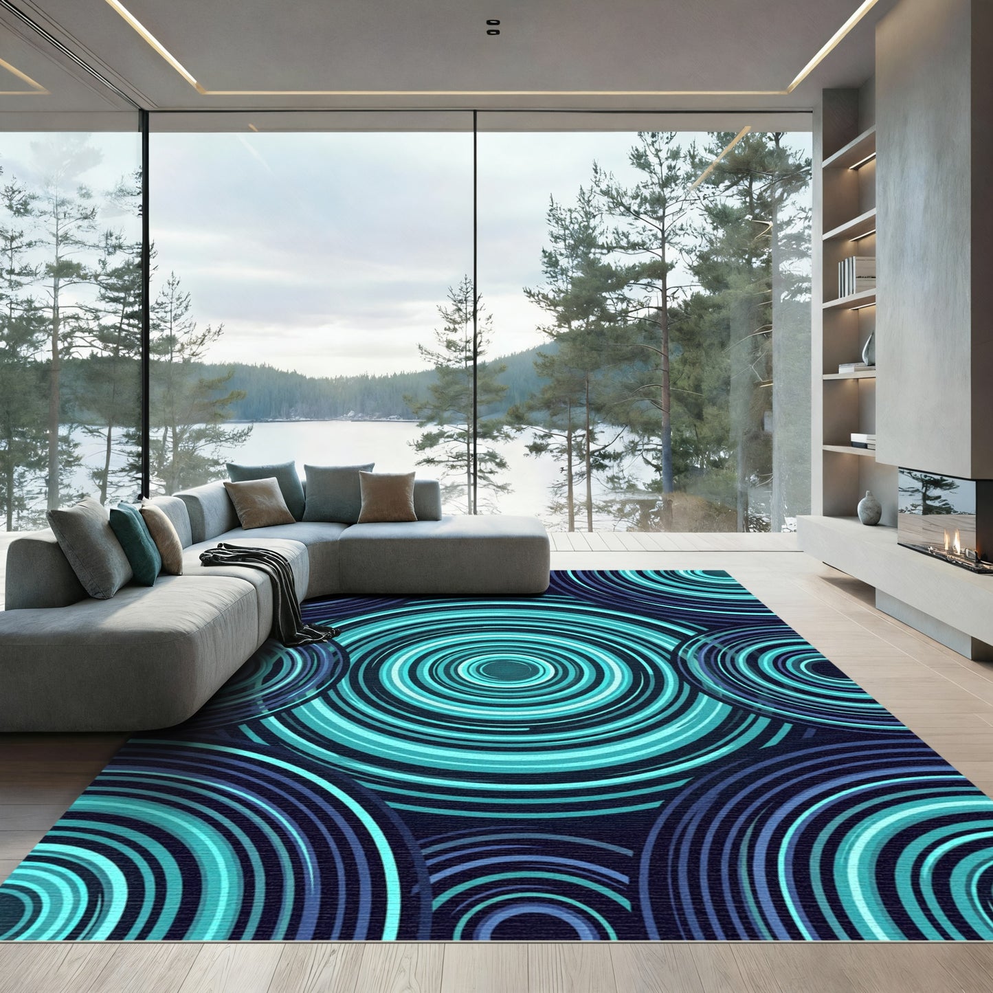 Aqua Blue Concentric Circle Array Rug