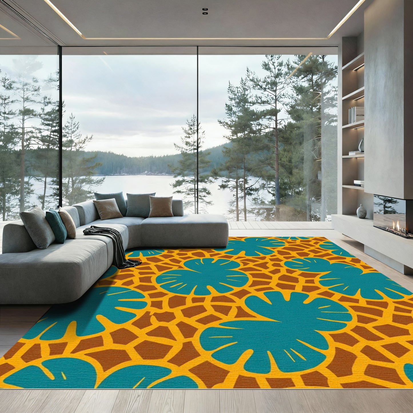 Teal Leafy Vines Ochre Background Rug