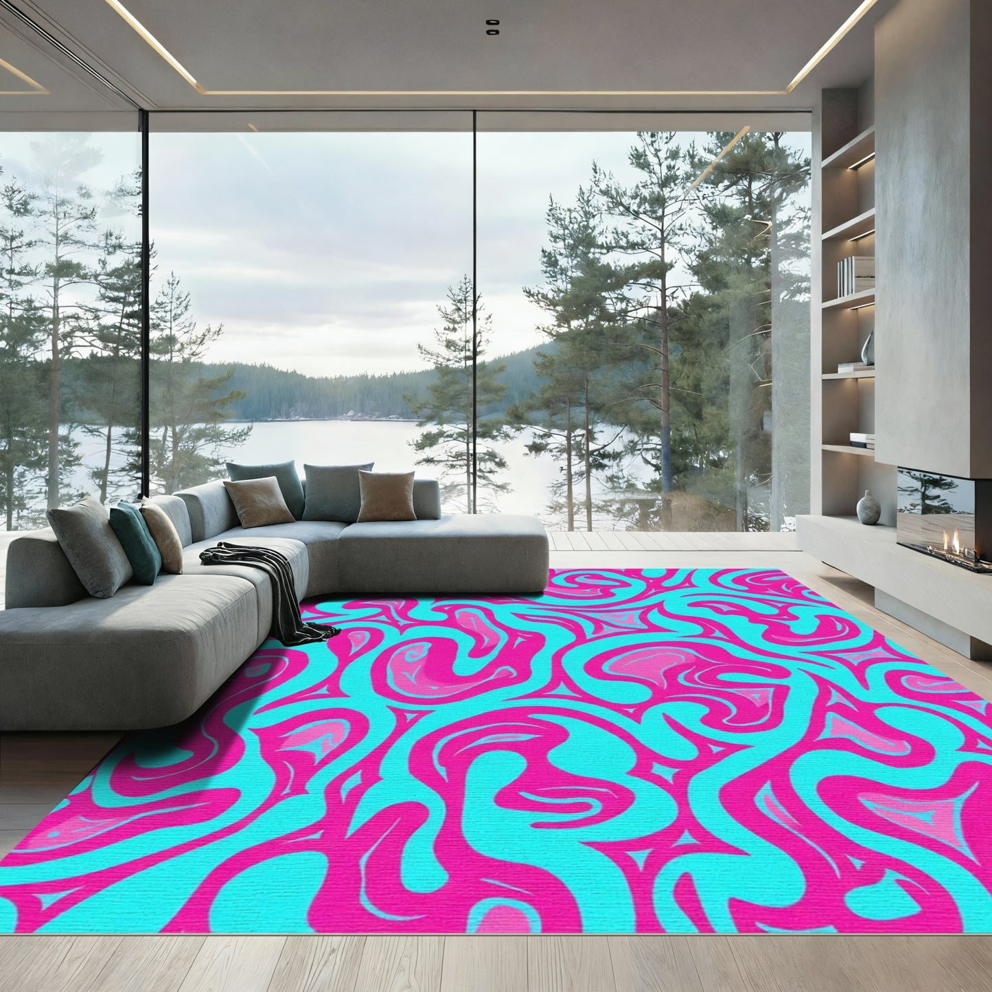 Vivid Teal Pink Swirl Abstract Rug