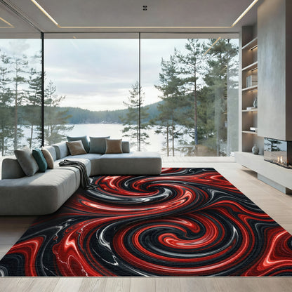 Crimson Black Swirl Abstract Rug