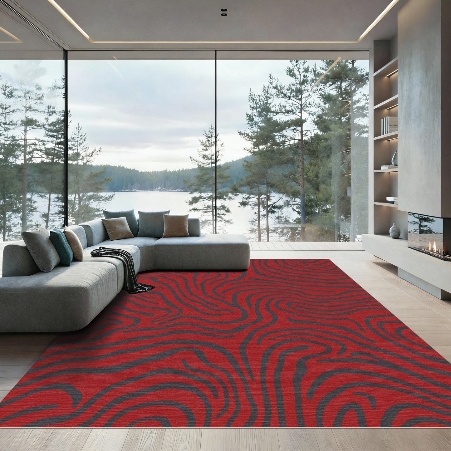 Crimson And Charcoal Zebra Stripes Rug