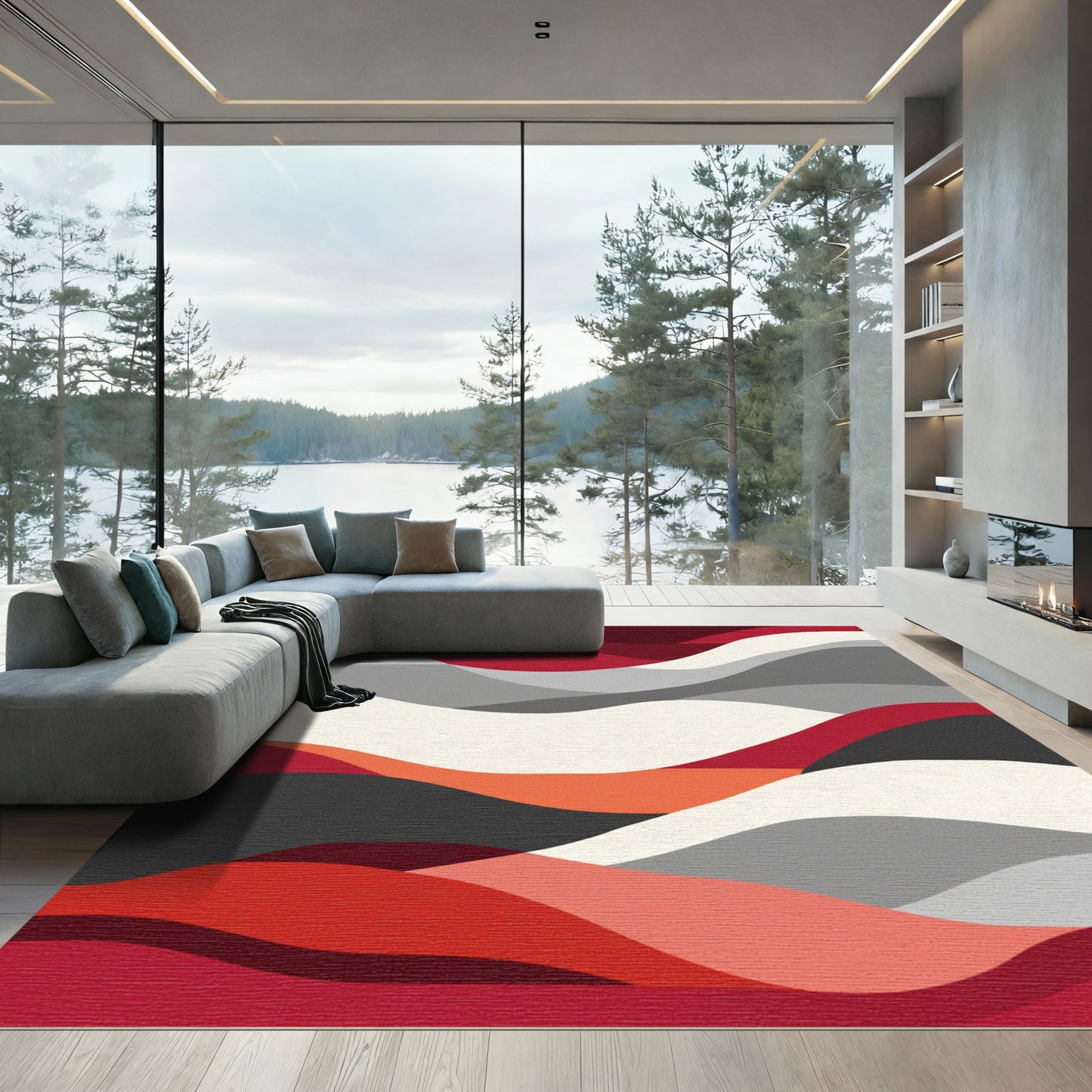 Crimson Gray Wavy Abstract Landscape Rug