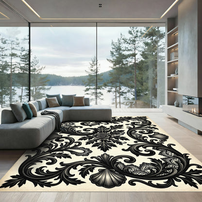 Black Ornate Floral Lace Shell Rug