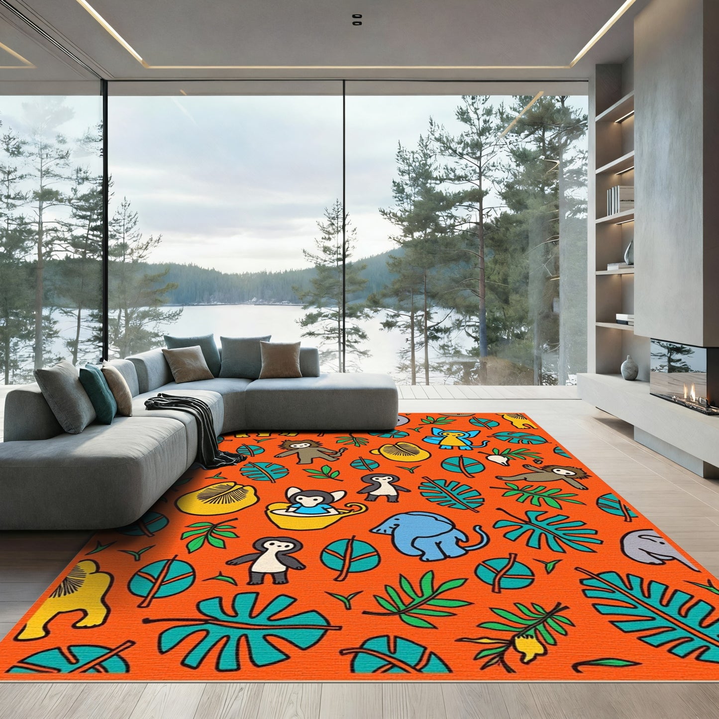 Whimsical Jungle Animals Tropical Leaves Rug