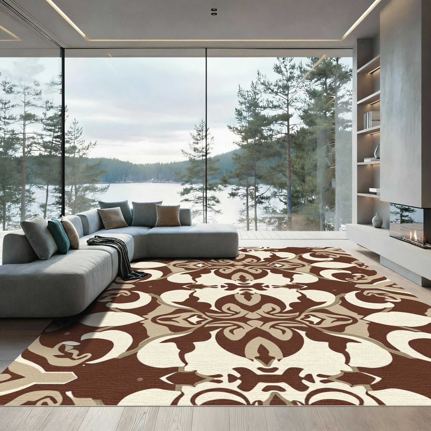 Brown Cream Symmetry Ornamental Art Rug