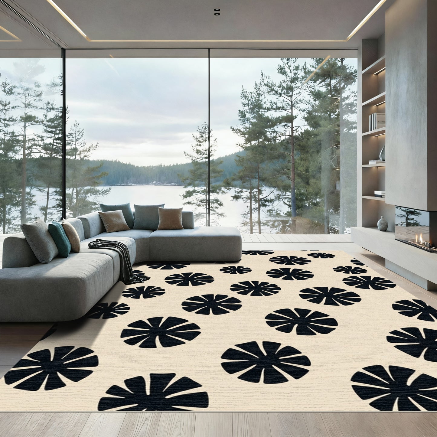 Black Flower Scatter Neutral Background Rug