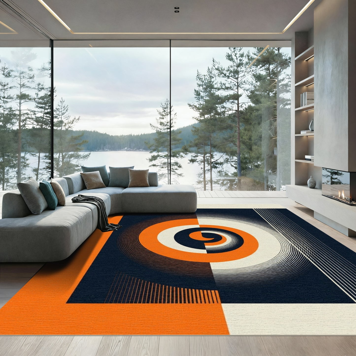 Bold Orange Swirl Geometric Canvas Rug