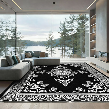 Black White Floral Mandala Border Rug
